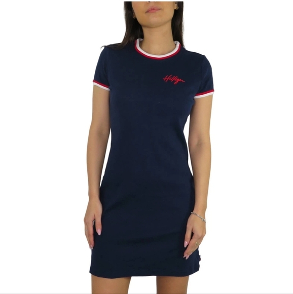 💚5/$25 Tommy Hilfiger Vintage 90s Y2K Blue Sheath Mini Dress Crew Neck Sz Small - Picture 1 of 7